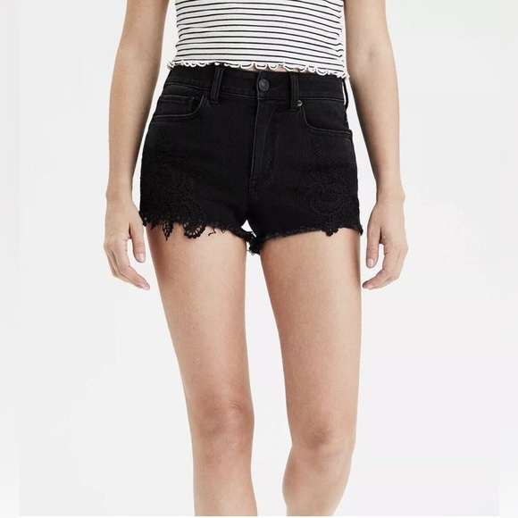 American Eagle Hi-Rise Shortie Size 8 US Black Jean Shorts Super Super Stretch X - Picture 4 of 14